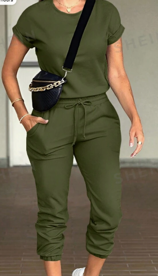 Women Solid Color Round Neck Short Sleeve Top And Drawstring Pocket Long Pants Casual Suit Army Green - Shop at LoveMi