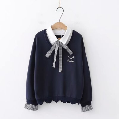 Versatile Wavy Bottom Bow Pullover Women's Terry Cotton Long-sleeved Sweater