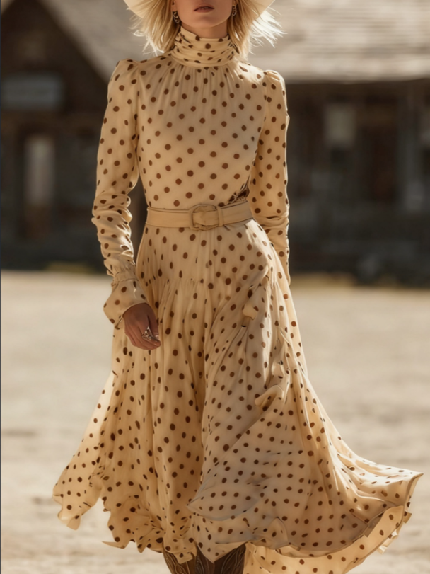 Polka Dot High neck Long sleeved Fitted Midi Dress Light Beige - Shop at LoveMi