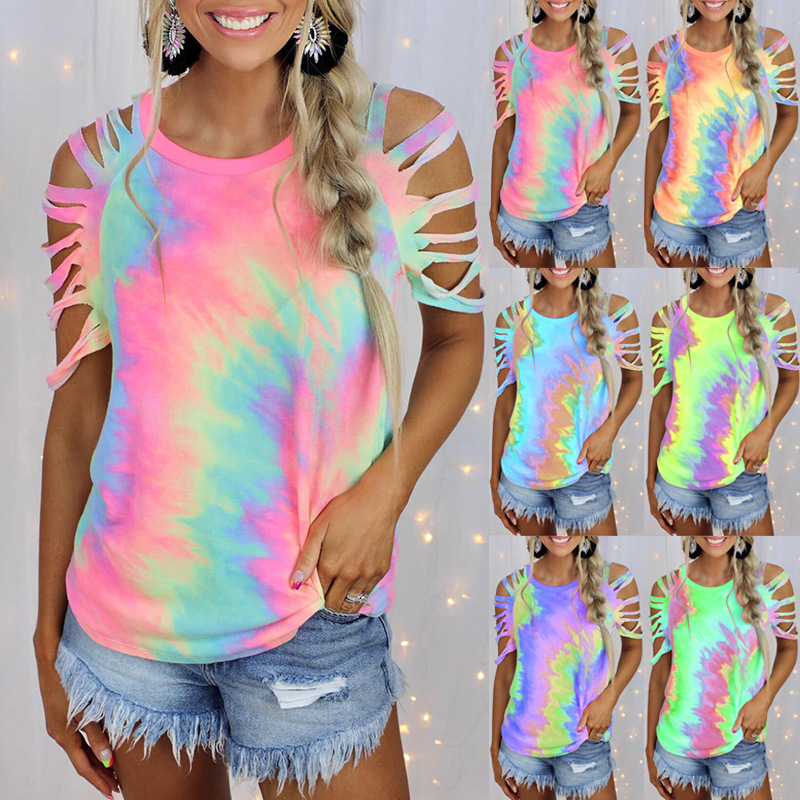 Women Tie-Dye Printed Off-The-Shoulder Sexy Casual T-Shirt
