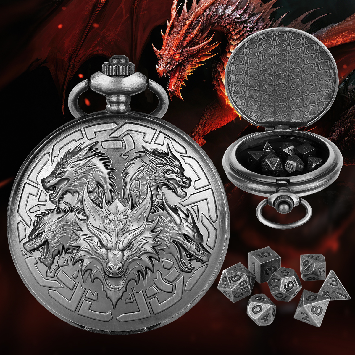 Steampunk Pocket Watch Metal Dice Set – 7-Piece Polyhedral DND Dice with Vintage Case for Tabletop Roleplaying Games
