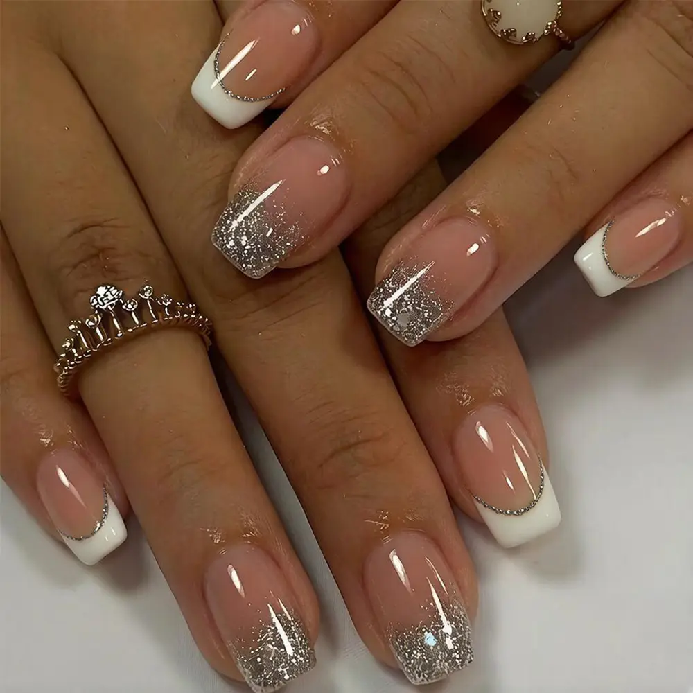 24-piece Short Coffin-style White-edge French Pressing Nail