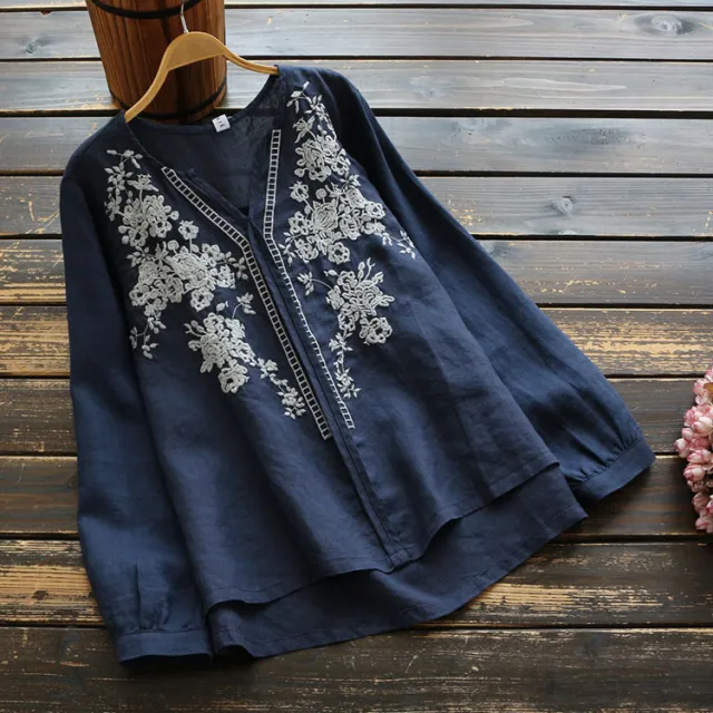 V Neck T Shirt Vintage Long Sleeve Pullover Embroidered Blouse Navy Blue - Shop at LoveMi