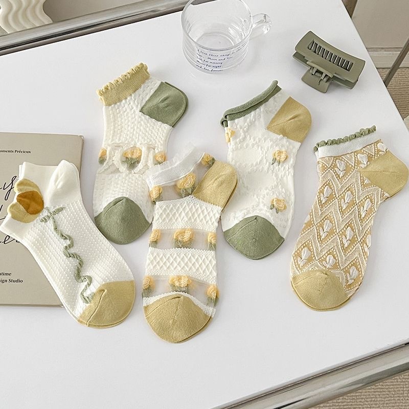 5 Pairs Of New Tulip Short Women's Socks For Summer Crystal Glass Rolled Lace Trim