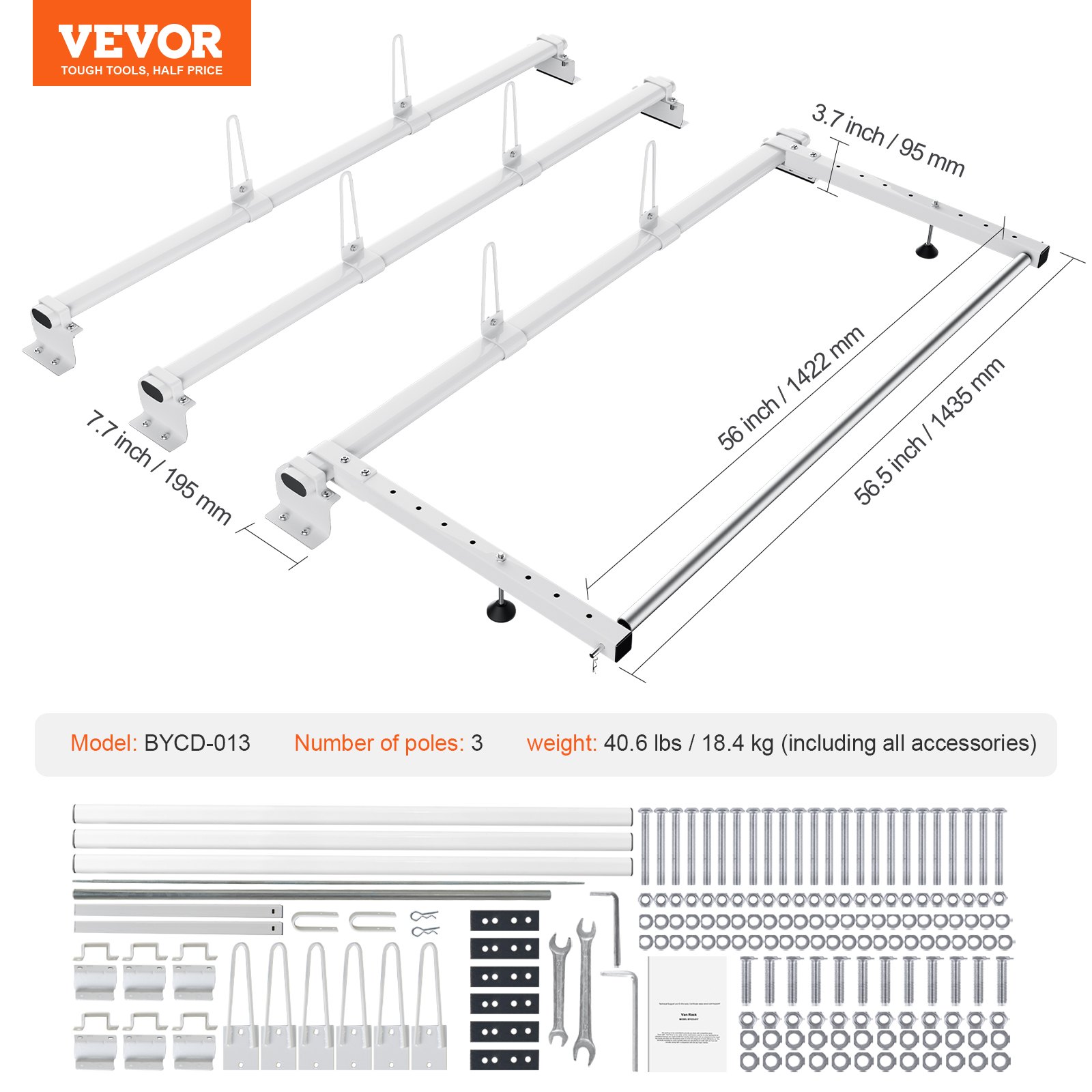 Trailer Ladder Rack, 56-inch 3 Crossbars Ladder Roof Rack, Heavy-duty Steel Van Roof Ladder Rack, 90 Kg Capacity Each Bar Van Ladder Rack With Cargo Roller, Fit For Ford Transit Custom 2013-2024 - Image 9