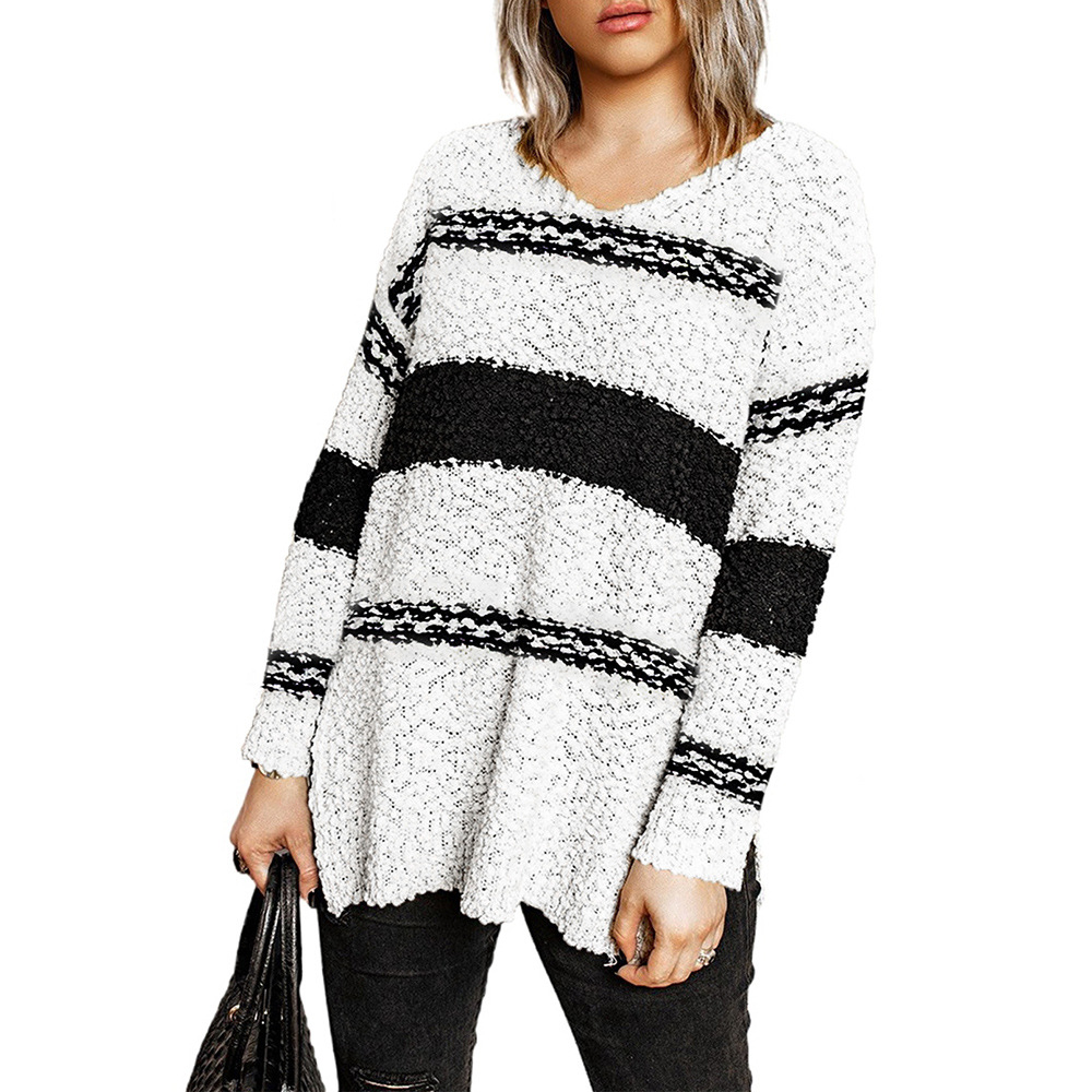European And American Women's V-neck Split Loose Casual Striped Sweater