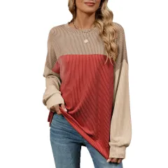 Fashion Contrast-colour Round Neck Long Sleeve T-shirt Casual Pullover Top For Womens Clothing - Red - View 1
