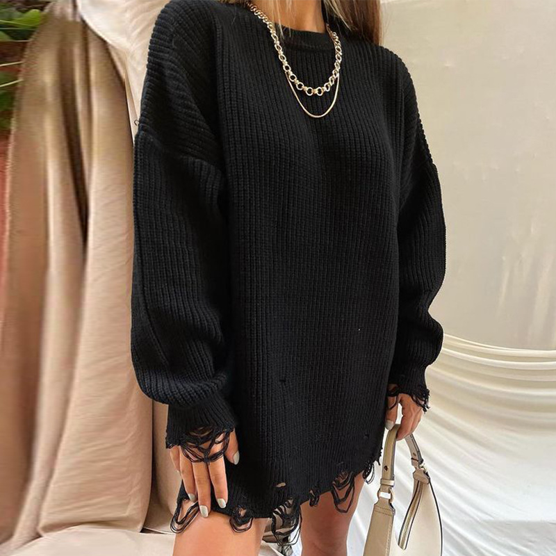 Loose Solid Color Ripped Sweater Mid-length Round Neck Pullover Women