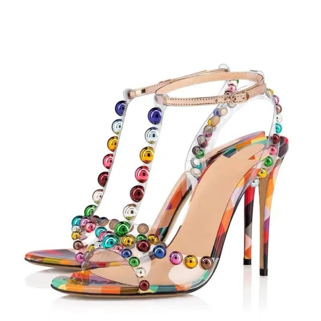 Transparent PVC Colorful Round Beads T strap Thin High heeled Sandals Colorful - Shop at LoveMi