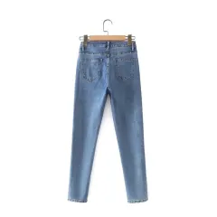 Women High Waist Loose Fit Blue Wash Casual Denim Trousers - Light Blue - View 1