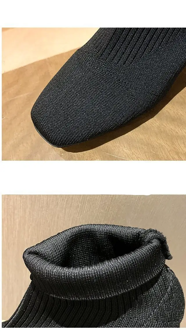 Square Toe Sleeve Boots Thick Heel Flying Knit