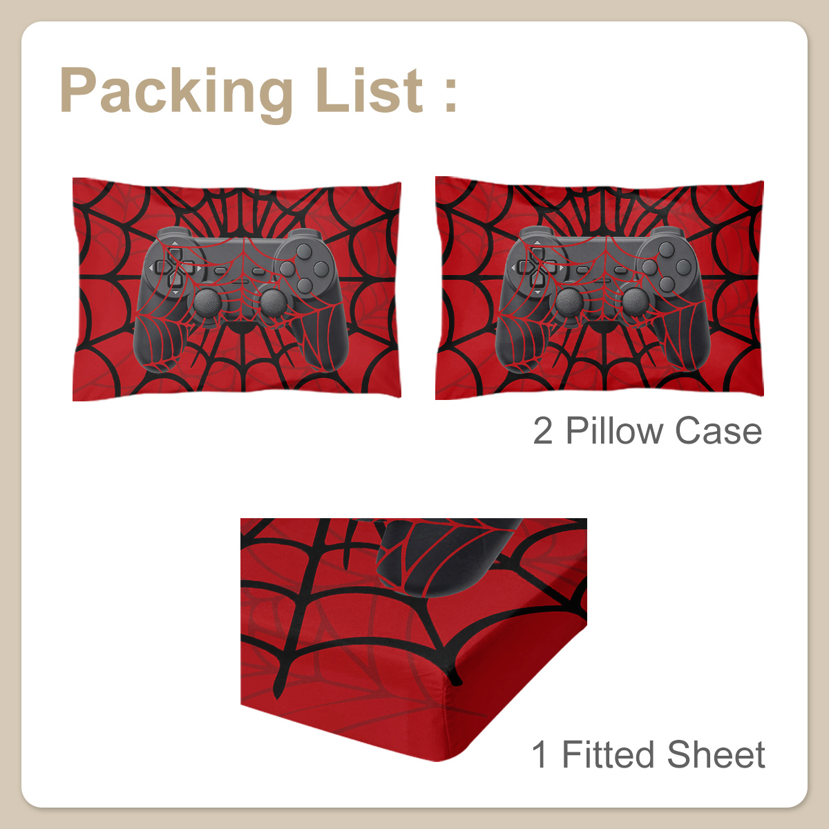 3PCS Gamer Bed Fitted Sheet Set, Red Bedding Set, Spider Web,1 Fitted Sheet, 2 Pillow Cases