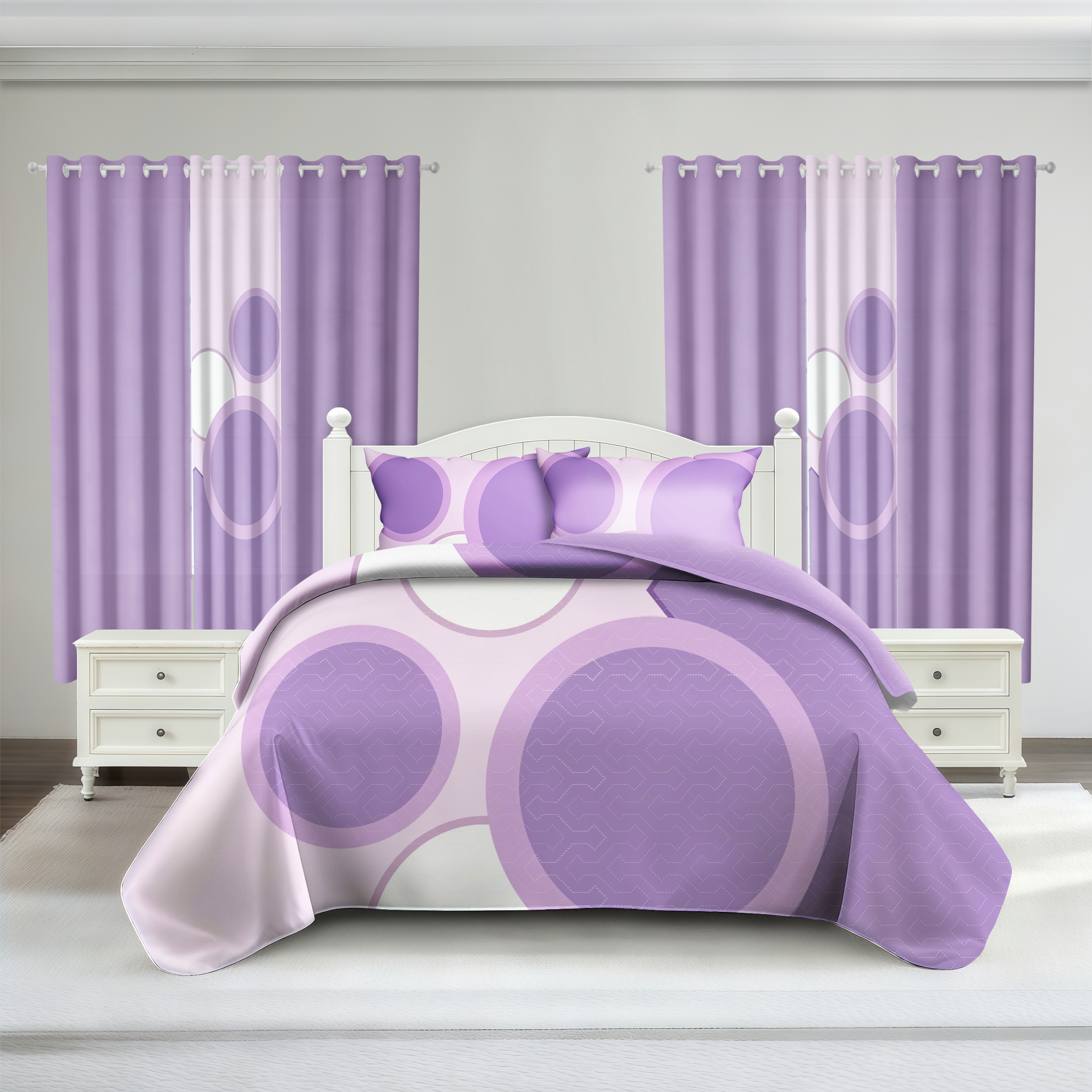 9 Piece Room In A Bag Quilt And Curtain Set, US Designer Lavender Purple Geometric Circle Print Heavyweight Bedspread With 6 Customizable Window Panels, Pet-Friendly High GSM Coverlet — foto 8