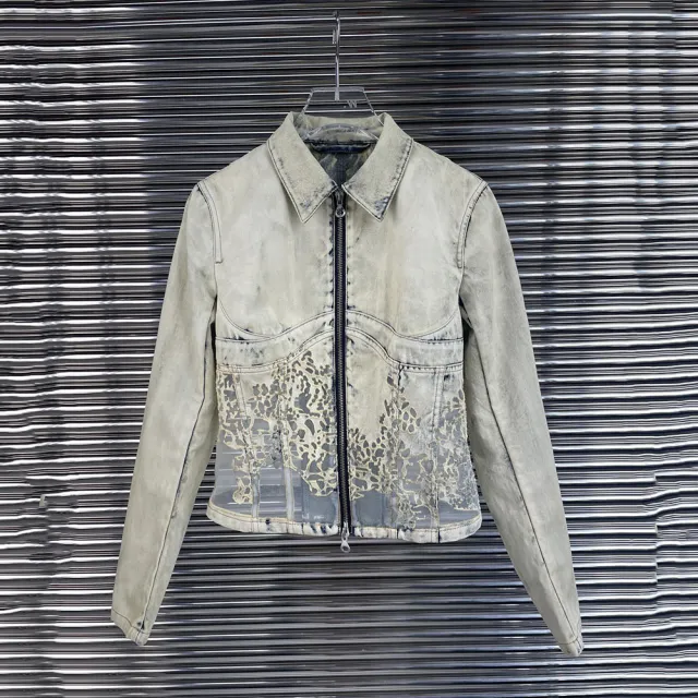 Burnt Mesh Patchwork With Faded Washed Zipper Denim Jacket Blue - Shop at LoveMi
