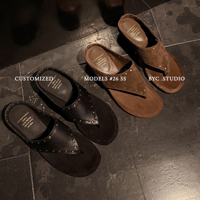Women's Handmade Washed Cow Leather Studded Thong Mules, Premium Full-Grain Leather Kitten Heel Sandals