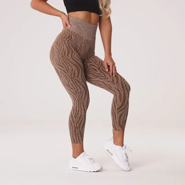 Women's Fashion Color Striped Ninth Yoga Pants Brown - Shop at LoveMi
