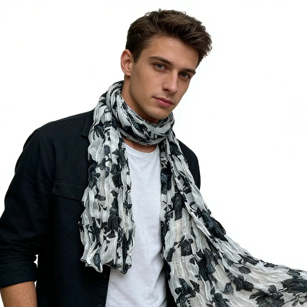 Black White Crinkle Graphic Textured Scarf, High