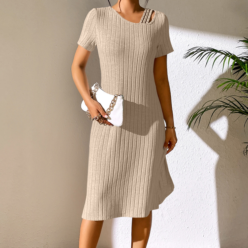 Cross Border Women's Solid Color Sexy Slit Slim Fit Hip Short Sleeve Dress