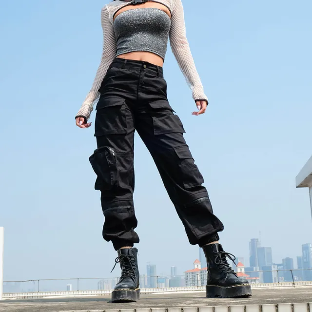 Irregular High Waist Multi pocket Casual Overalls Trousers Black - Shop at LoveMi