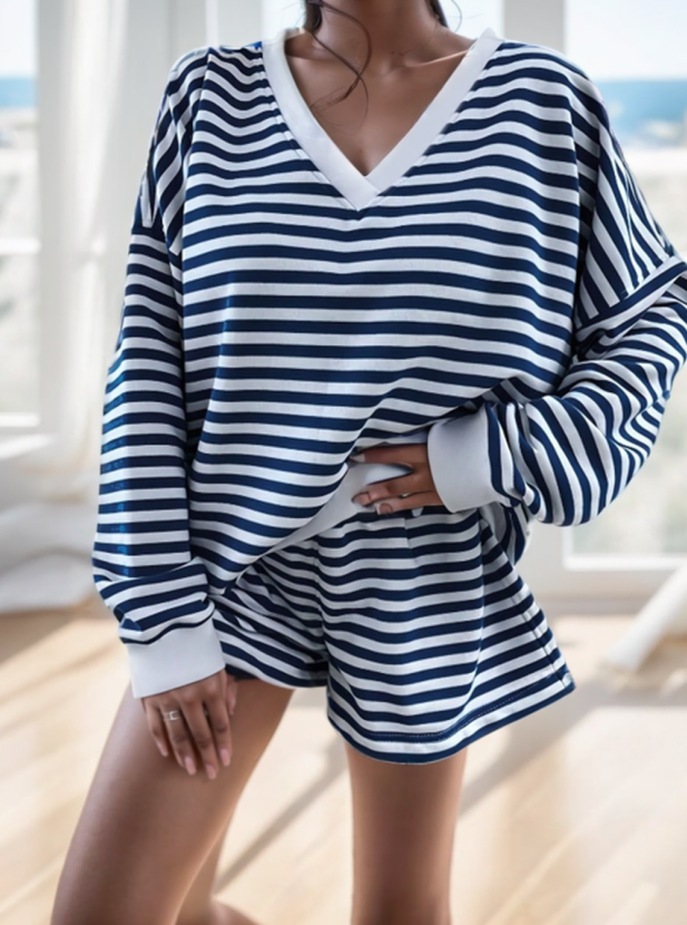 Red Striped Long Sleeve Top And Matching Lounge Pants Set For Women Blue - Shop at LoveMi