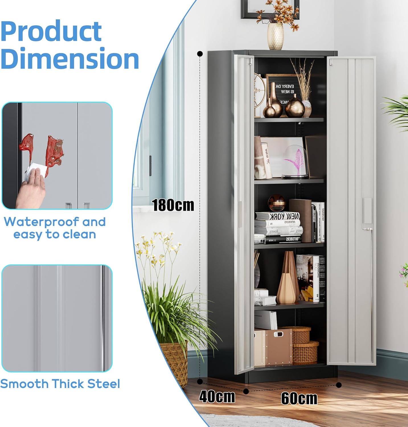 SUPEER Filing Cabinet, Metal Cabinet With 4 Height-Adjustable Shelves, Sheet Steel Powder Coating, Steel Cabinet For Tools, Garage, H 180 Cm X W 60 Cm X D 40 Cm Black Grey