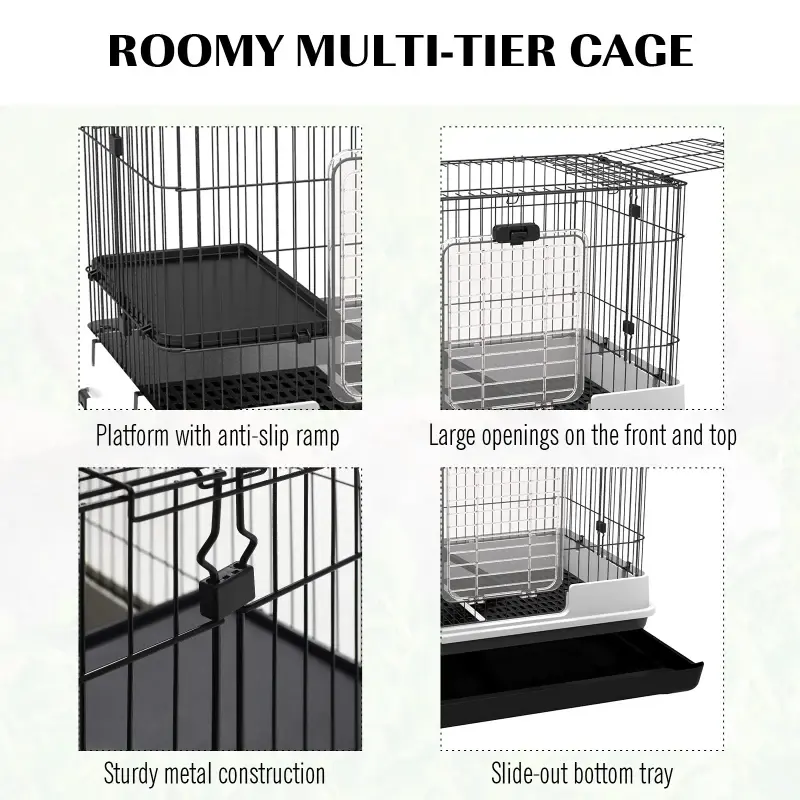 PawHut 2-Level Small Animal Cage Rabbit Hutch With Wheels, Removable Tray, Platform And Ramp For Bunny, Chinchillas, Ferret, Black