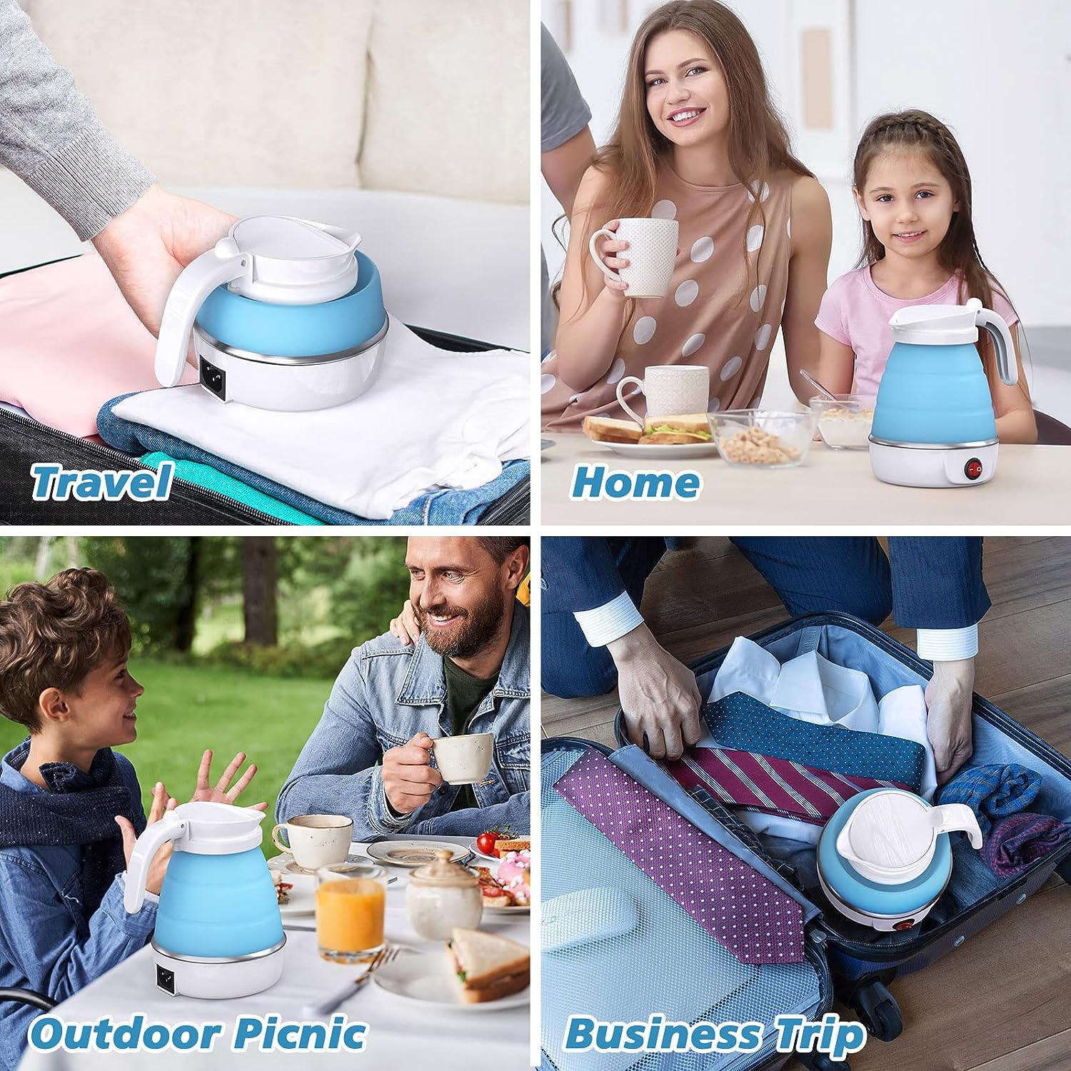 Foldable Electric Kettle Camping Kettle Mini Travel Kettle Silicone Electric Water Boiler Tea Coffee Kettle Collapsible Kettle With Separable Power Cord For Outdoor Hiking Camping Blue