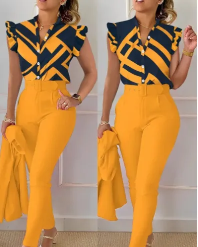Printed Ruffle Sleeve Top Solid Color Pants Suit With Belt Orange - Shop at LoveMi