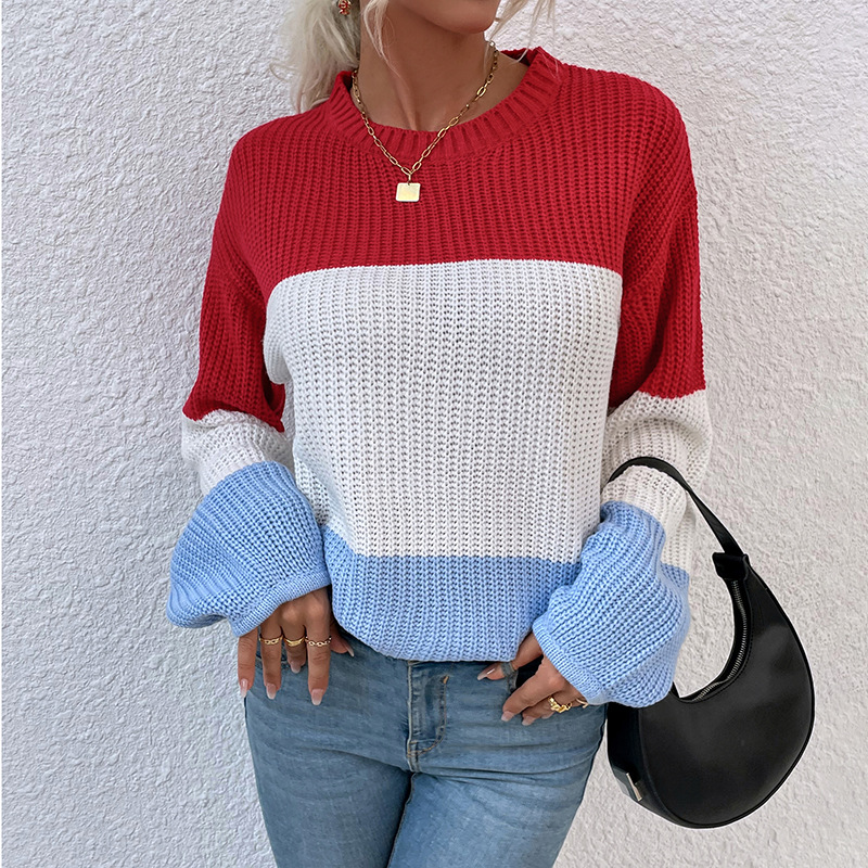 Contrast Color Sweater Lantern Sleeve Pullover