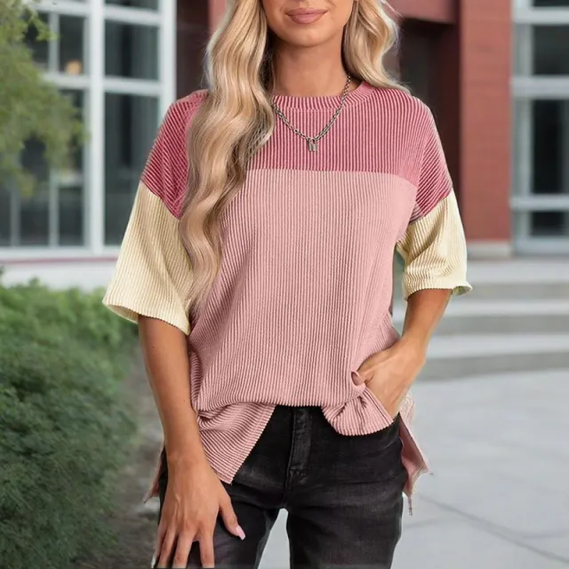 Women's Color Block Casual T Shirt Short Sleeve Crew Neck Loose T Shirt Top Pink - Shop at LoveMi
