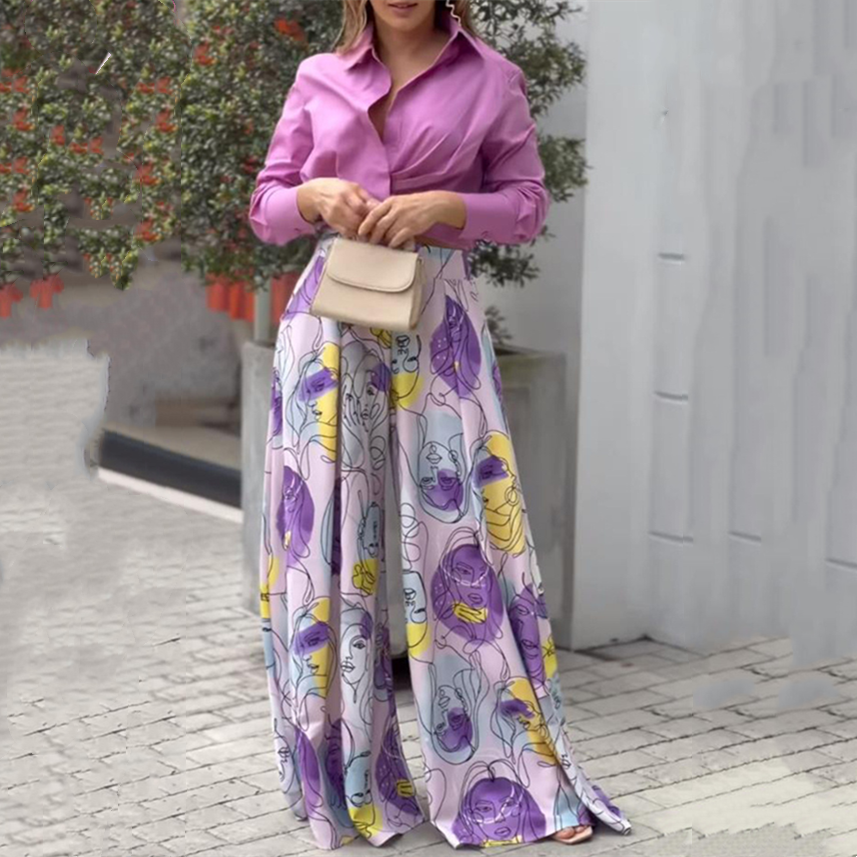 Lapel Long Sleeve Shirt Print Pants Two Piece Set