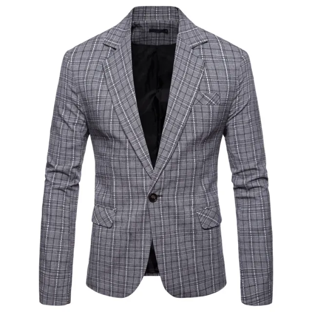 Men's Fashionable Casual Plaid New Suit Coat Light Grey - Shop at LoveMi