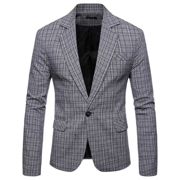 Men's Fashionable Casual Plaid New Suit Coat - Light Grey