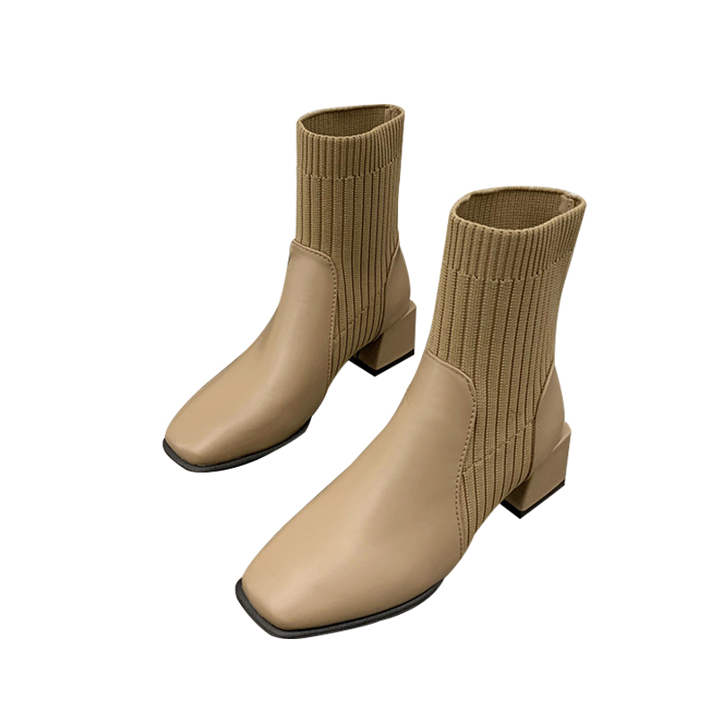 New Personality Niche Square Toe Thick Heel Socks Boots Female Ins Trend Khaki - Shop at LoveMi