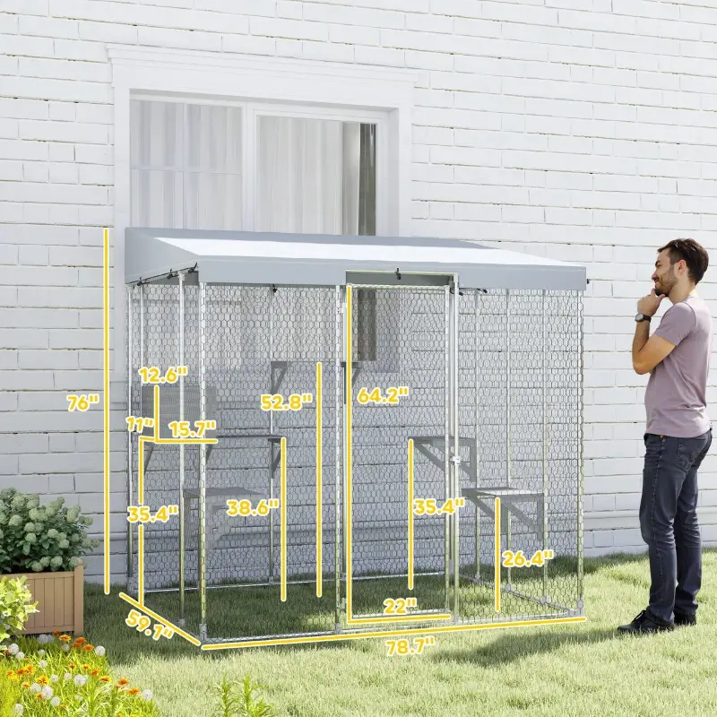 Galvanized Steel Large Catio With Waterproof Canopy, Sleeping Box, Jumping Platforms, For 1-3 Kittens, SilverMultiple Packages Shipped. Please Pay Attention To 