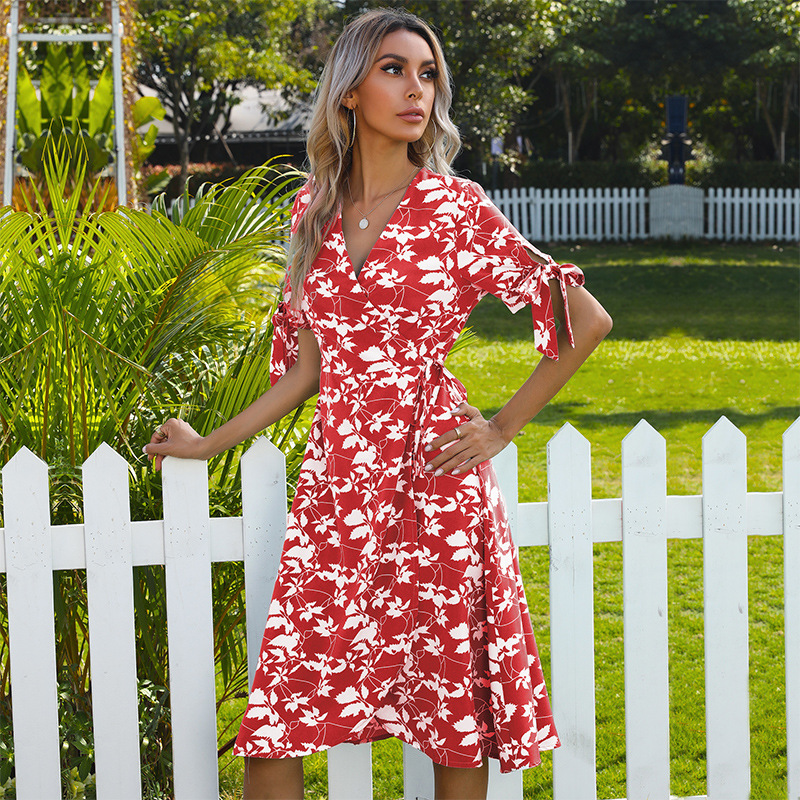 Floral Irregular Bow Short Sleeve Dress