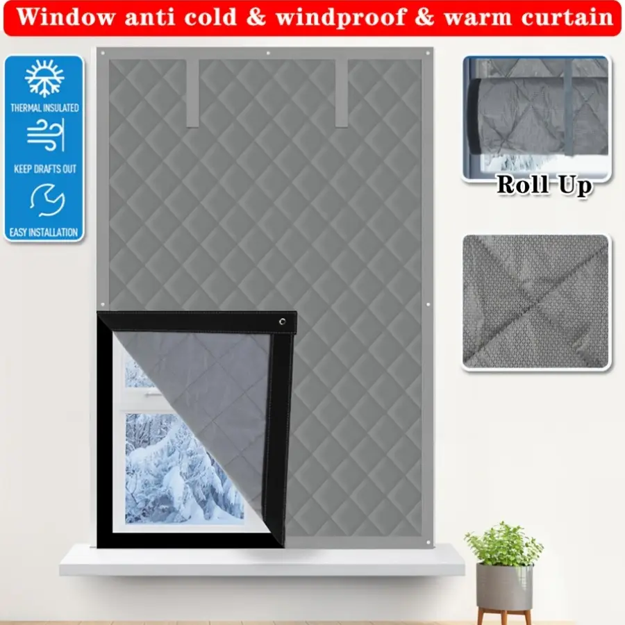 No Drill Thick Quilted Window Thermal Curtain, Wind Cold Insulation Foldable Roll Up Window Drape, Energy Saving Warm Window Cover For Home Rental Basement Wint