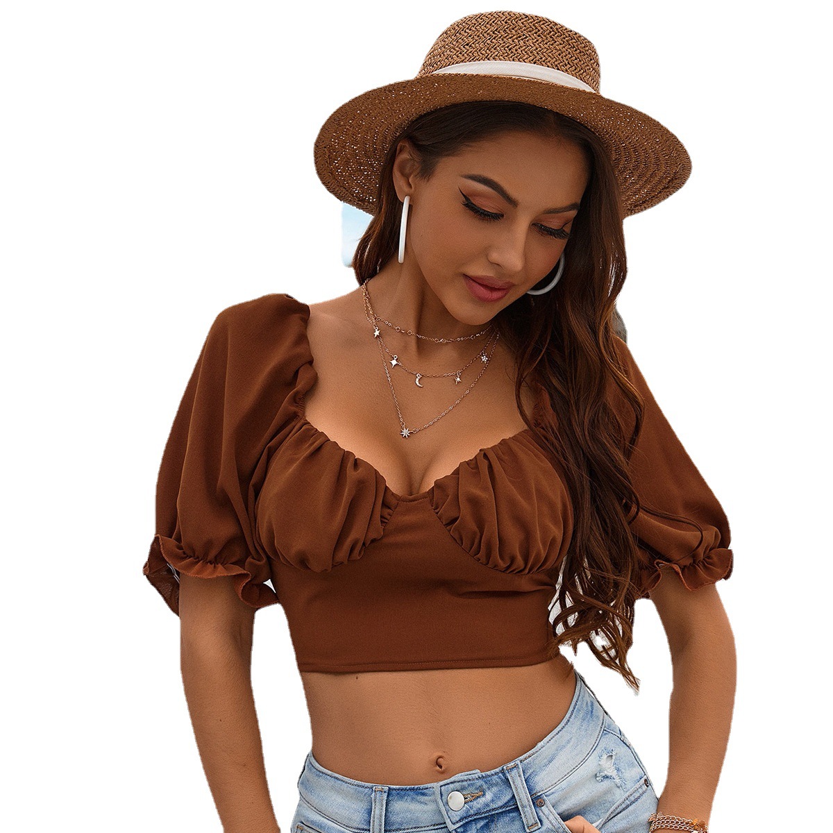 Lantern Sleeve Sexy Halter Bow Top Shirt