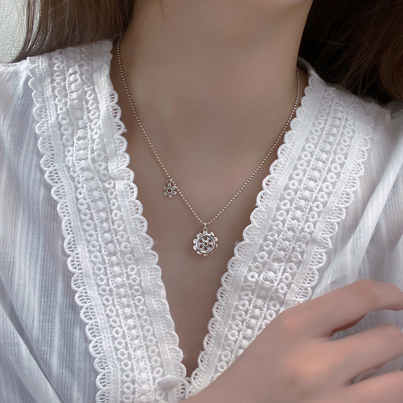 S925 Sterling Silver Gear Vintage Round Bead Necklace