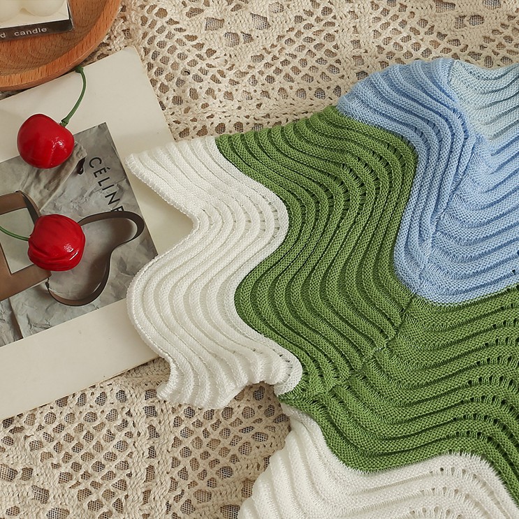 Contrast Splice Wave Edge Short Sleeve Knitted T-shirt Women