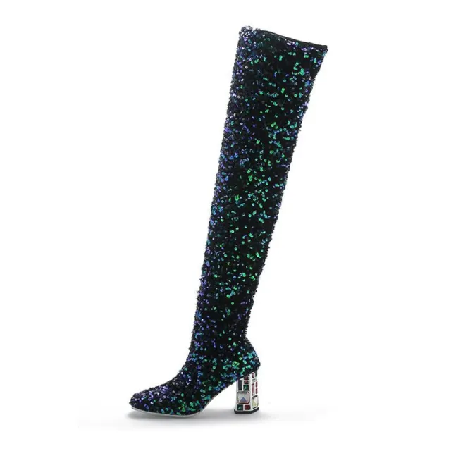 Fashion Sexy Sequin Round Head Hit Color Thick High Heel Over The Knee Large Size Elastic Boots Women Green - Shop at LoveMi