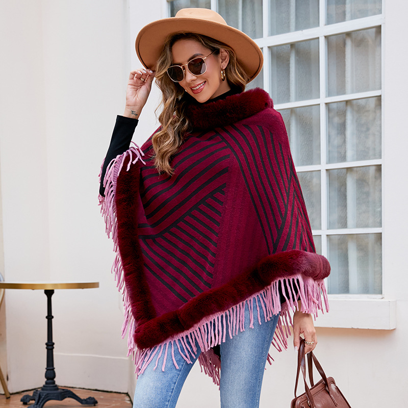 Drizzling Fur Collar Pullover Tassel Knitted Cape For Women