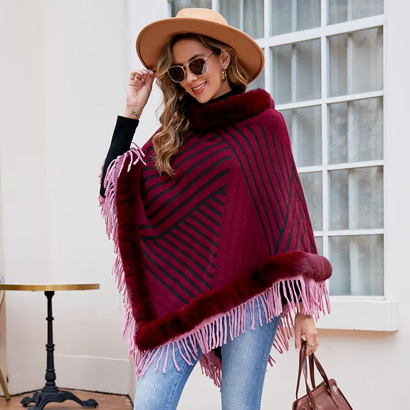 Drizzling Fur Collar Pullover Tassel Knitted Cape for Women