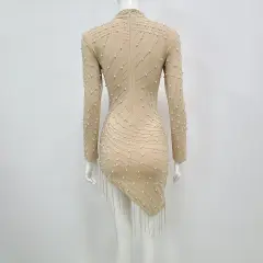Heavy Industry Pearl Rhinestone Stretch Side Seam Tassel Short Dress - Apricot - View 1
