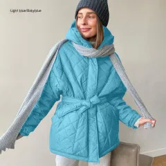 Hooded Cotton Jacket Slim-fit Lace Up Lapel Long Sleeve Plaid Long - Light Blue - View 1