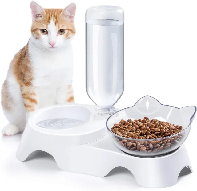 Double Dog Cat Bowls Pets Water And Food Bowl Set 15 Tilted Water And Food Bowl Set With Automatic Waterer Bottle For Small Or Medium Size Dogs Cat... White - Shop at LoveMi