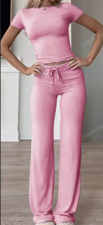 2pcsSet Casual Solid Color Short Sleeve T Shirt And Pants, Spring And Summer Pink - Shop at LoveMi