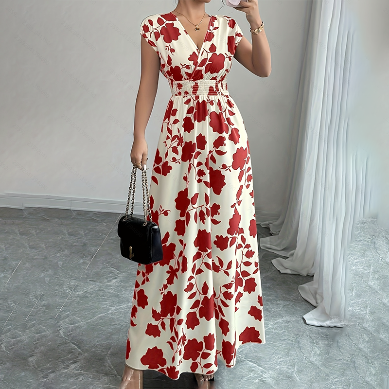 Women's Wrap V Neck Short Sleeve Empire Elastic Waist Summer Casual Elegant Maxi - Picture 9 of 10