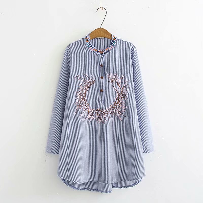 Loose And Thin Women's Stand-up Collar Embroidered Mid-length Striped Shirt