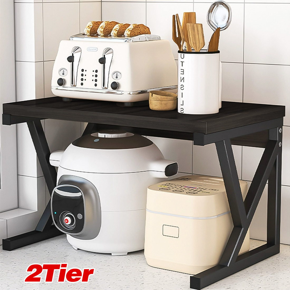 2 Tier Expandable Microwave Oven Rack Stand Storage Holder Kitchen Corner Shelf — image 4